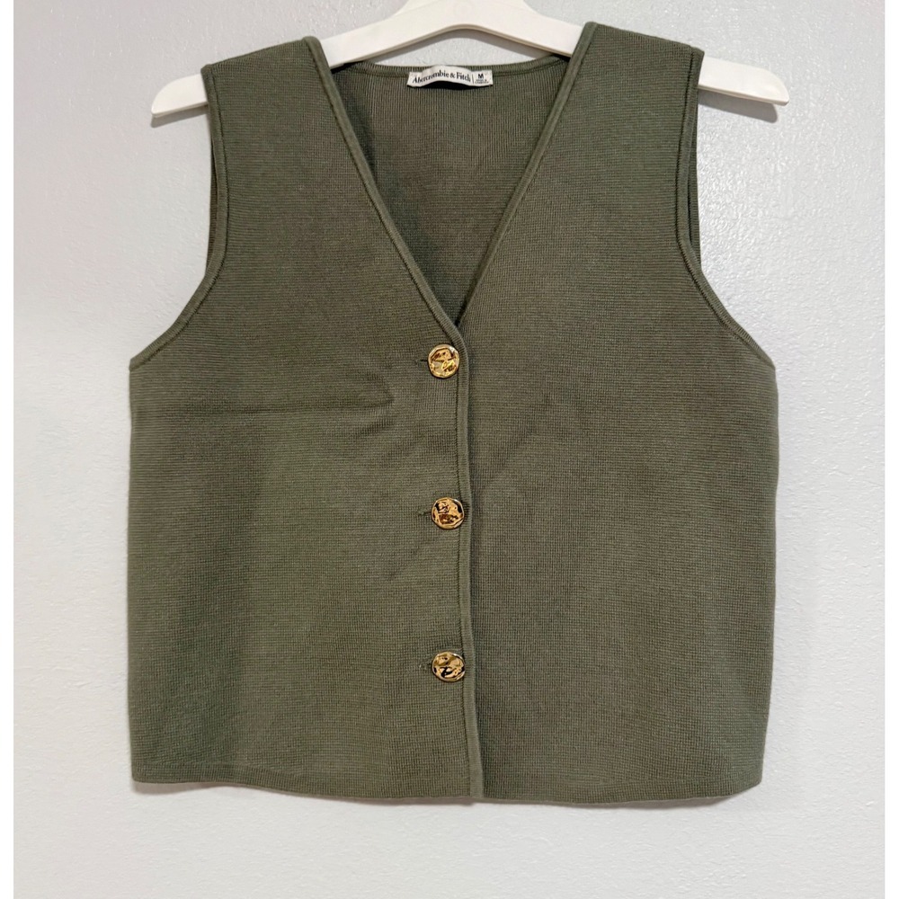 Abercrombie Fitch Olive Green Button Front Knit Vest Women's Medium